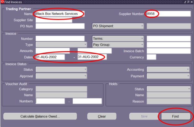 Find invoice with name, number, and date range.