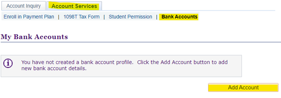 account services tab highlighted, showing bank accounts section where you can click 'add account'