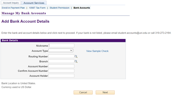 empty fields to enter routing and account numbers