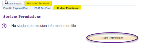 account services tab highlighted showing student permissions where you can click grant permissions button